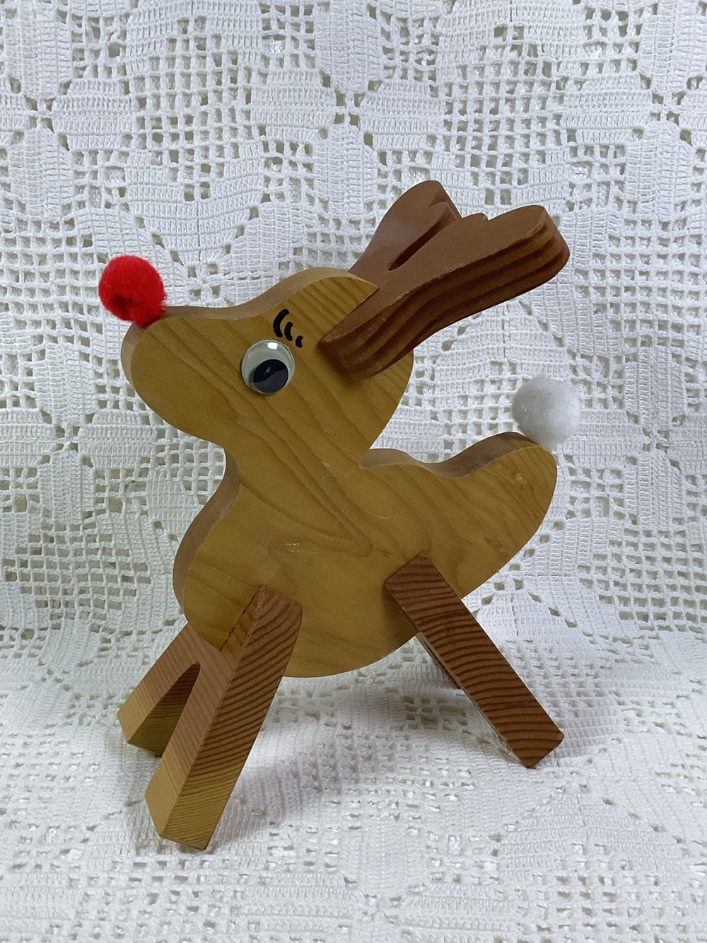 Wooden Reindeer Toy with Red Nose and White Tail Hand Crafted